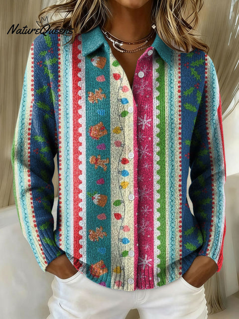 Women's Retro Christmas Stripe Floral Pattern Art Print Cowl Neck Sweater