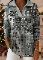 Metallic Silver Square Mosaic Decorative Pattern Women's Casual Shirt Collar Long Sleeve Sweater