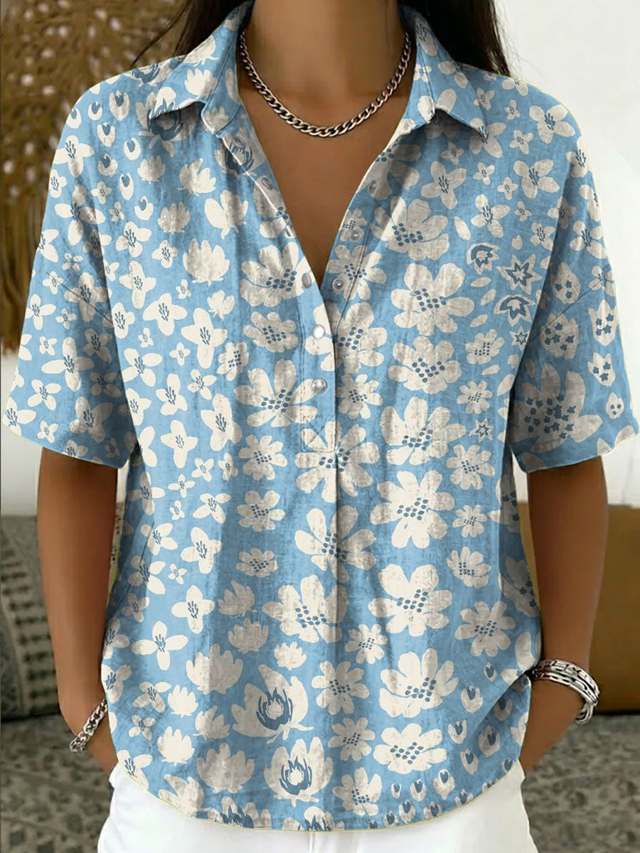 Women's Vintage Botanical Floral Casual Polo Collar Short-sleeved Linen And Cotton Shirt