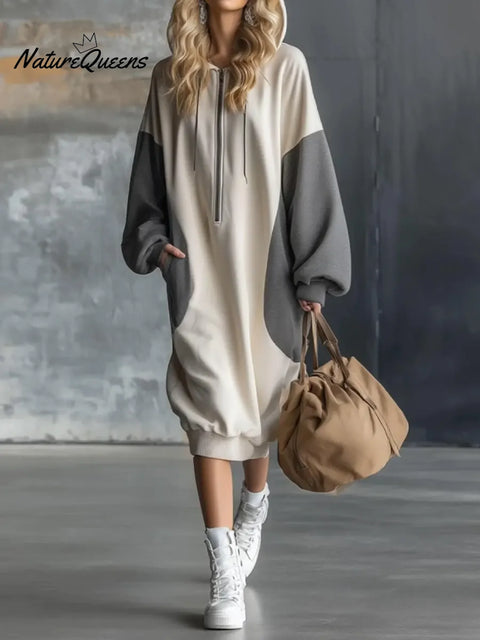 Women's Color-blocked Long-sleeved Hooded Dress