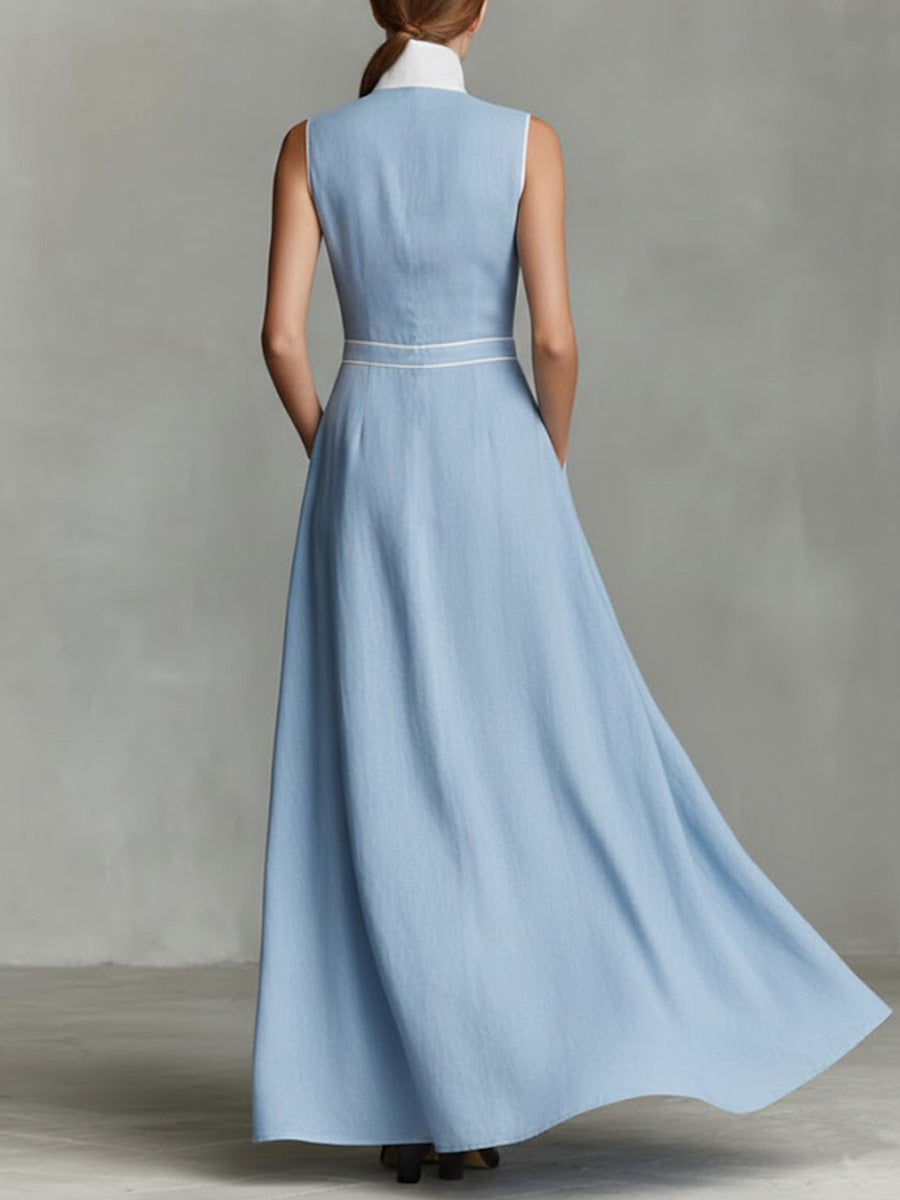 Women's Collared Sleeveless Casual Loose Long Cotton Linen Dress