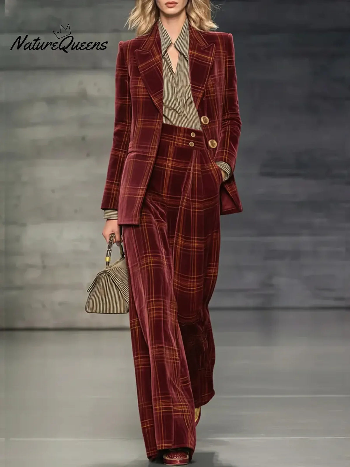 Women's Velvet Plaid Suit Jacket And Trousers Two-piece Set