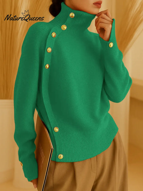Women's Solid Color Turtleneck Long Sleeve Casual Button Loose Knit Top
