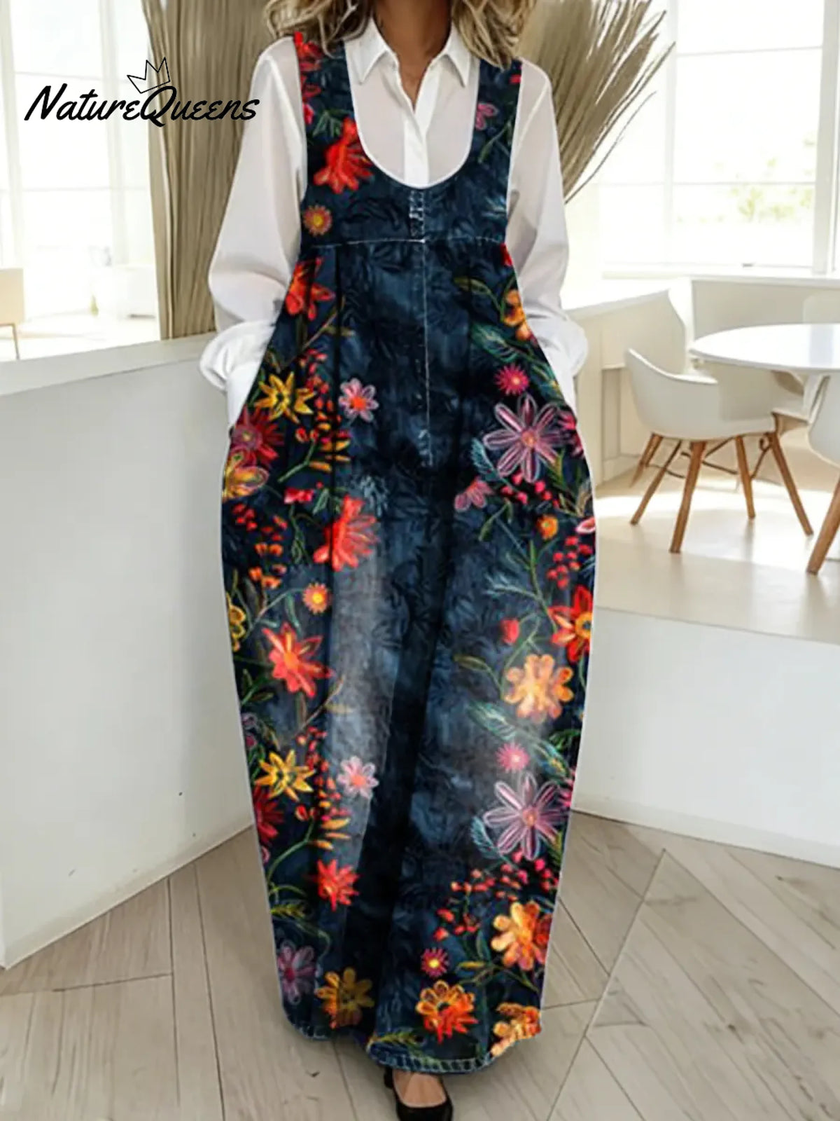 Women's Vintage Flower Pattern Art Print Casual Cotton Denim Dress