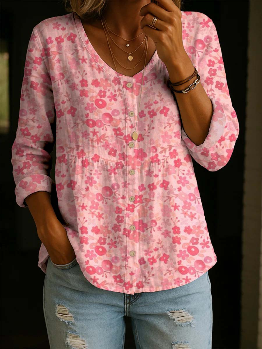 Women's Retro Pink Floral Print Casual Cotton Shirt