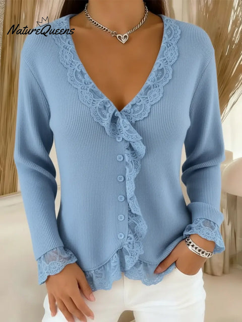 Women's Lace-paneled V-neck Sweater
