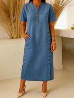 Women's Casual Short-sleeve Stand Collar Button-up Cotton Denim Dress