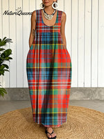 Women's Vintage Plaid Pattern Art Print Casual Cotton Denim Dress