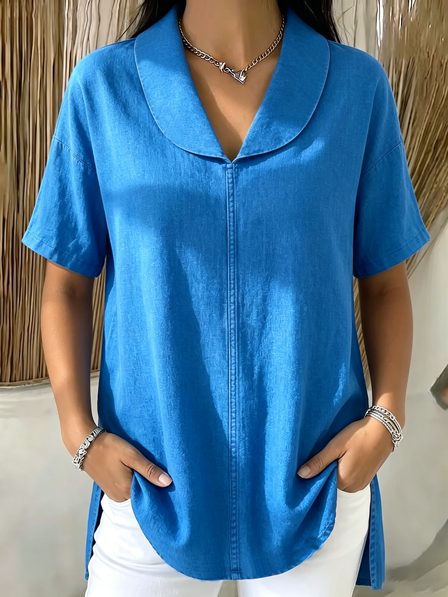 Casual Shawl Collar Cotton-linen Blouse