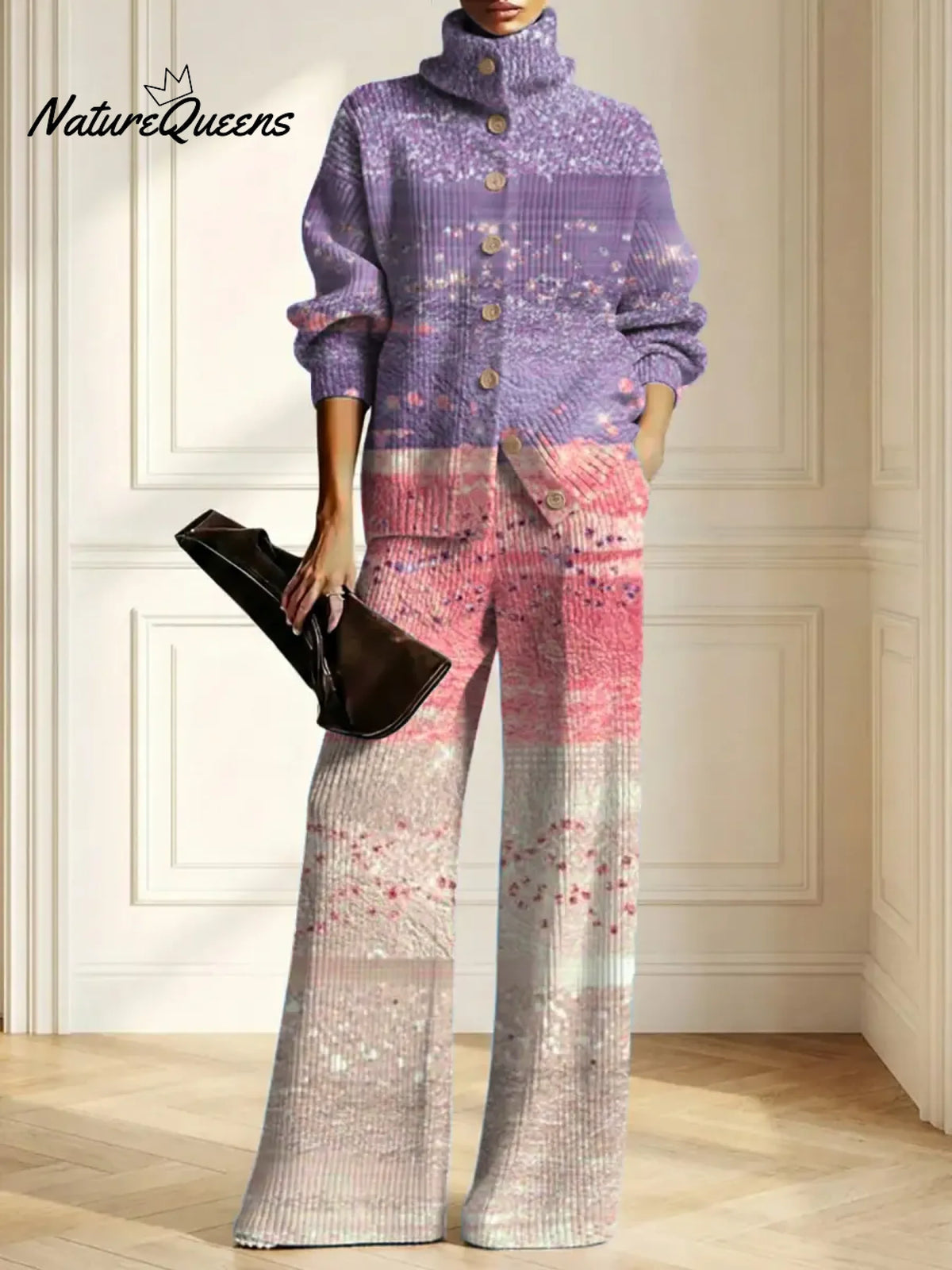 Women's Gradient Color Art Print Casual Cotton Knitted Suits