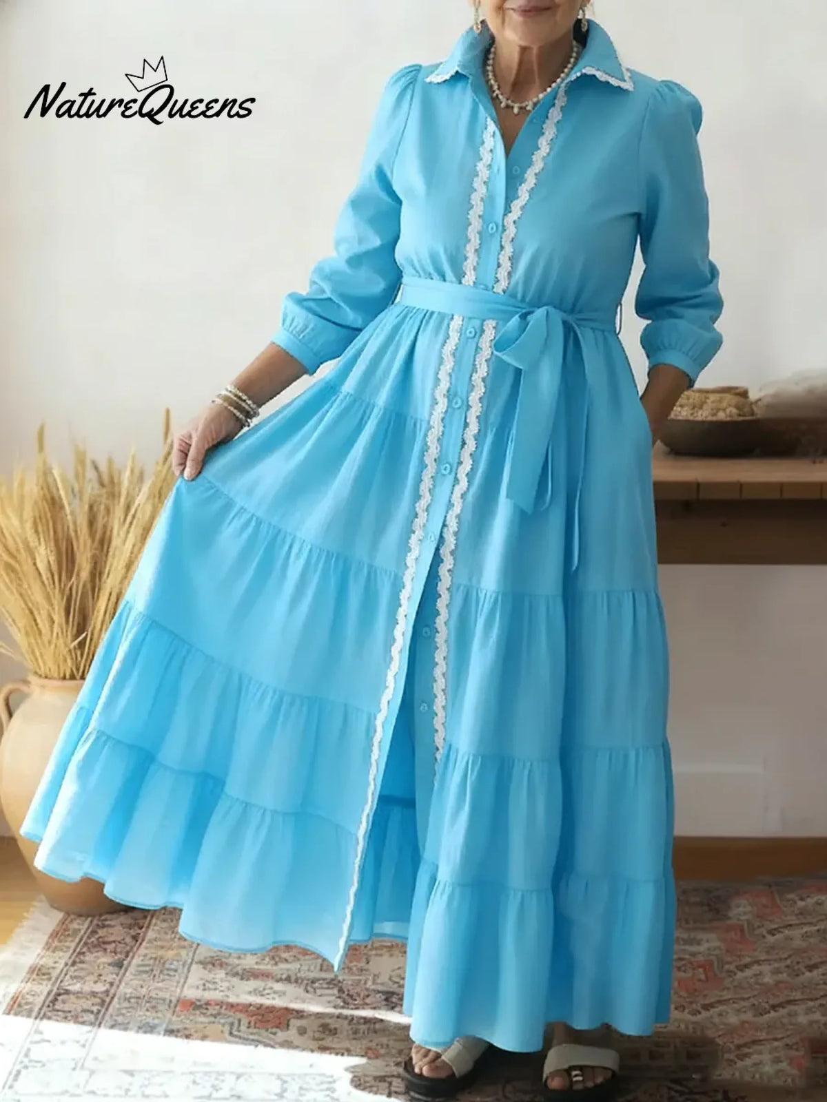 Elegant Collared Lace-trimmed Multi-layered Hem Shirt Dress