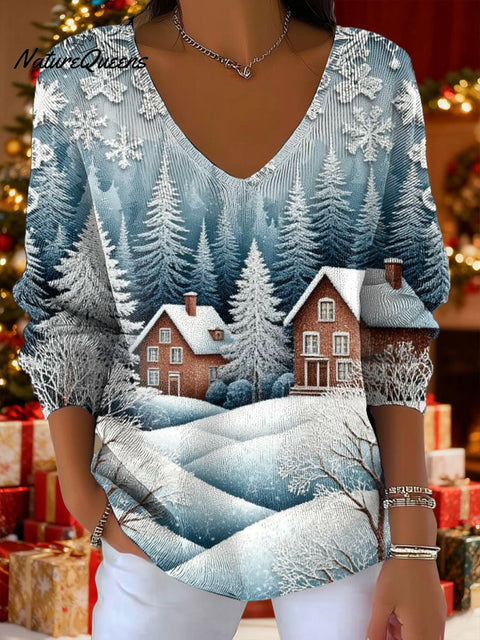 Women's Christmas Pattern Snow House Art Pattern Art Print V-neck Solid Color Loose Shiny Sweater
