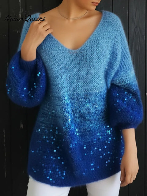 Winter Dreamy Off-shoulder Loose Sequined Gradient Sweater Top