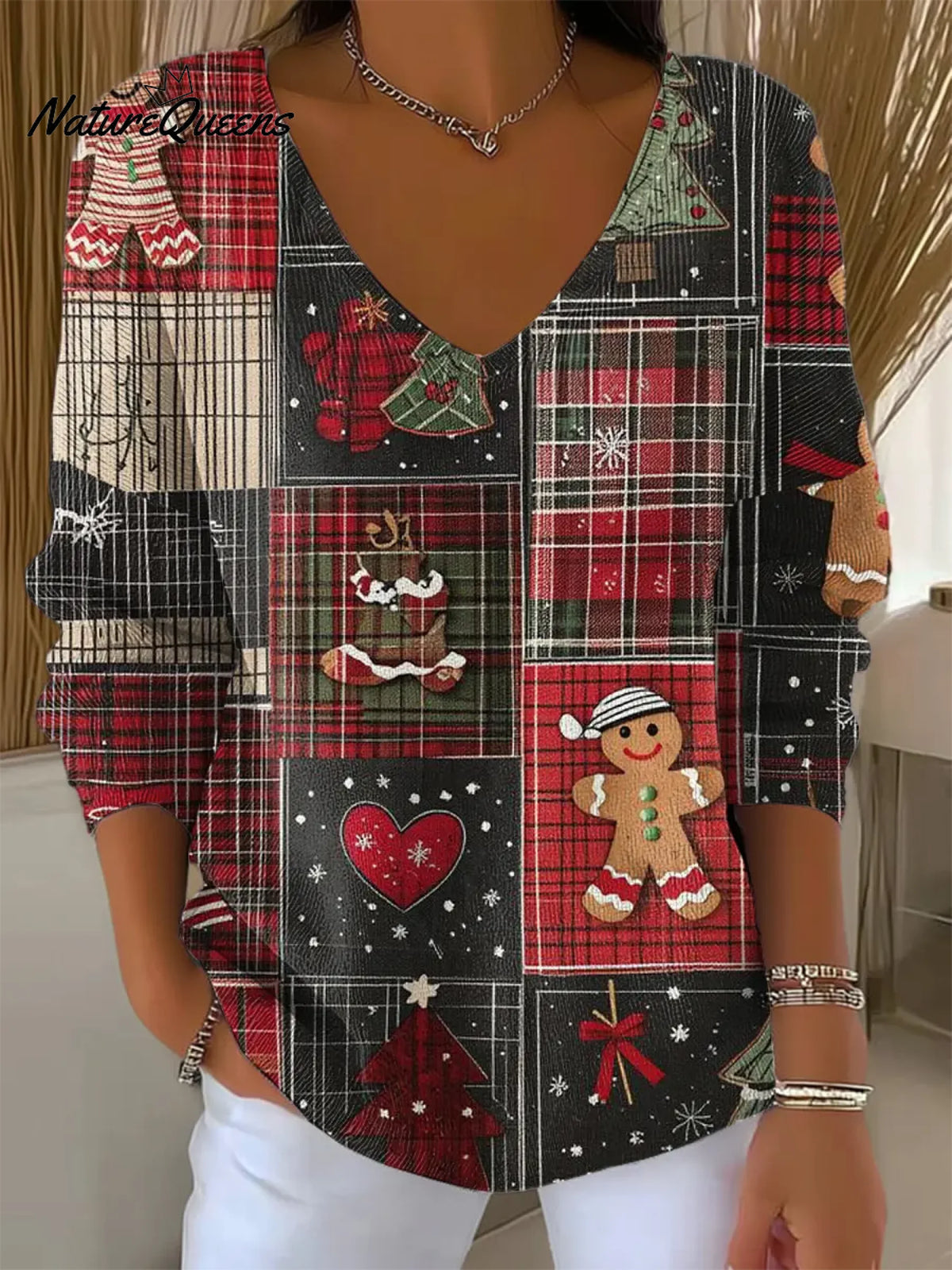 Women's Vintage ChristmasArt Print CasualSweater