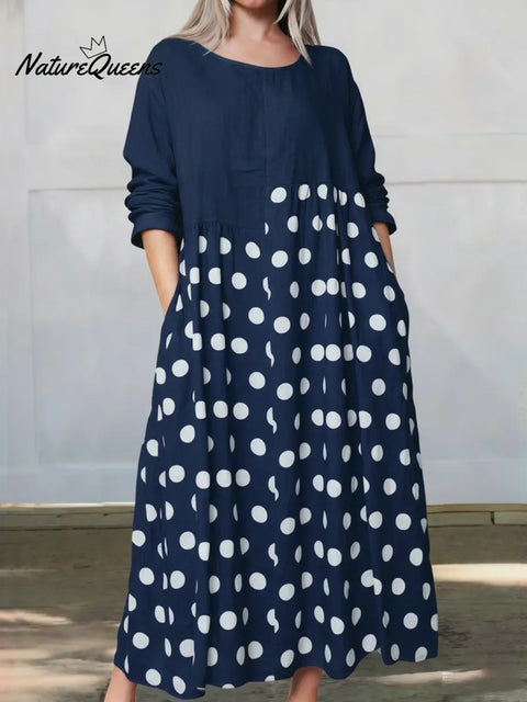 Women's Loose-fitting Polka Dot Patchwork Long-sleeved Linen Cotton Dress