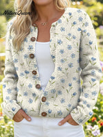 Fresh Blue Little Flowers Print Buttoned Cardigan Sweater
