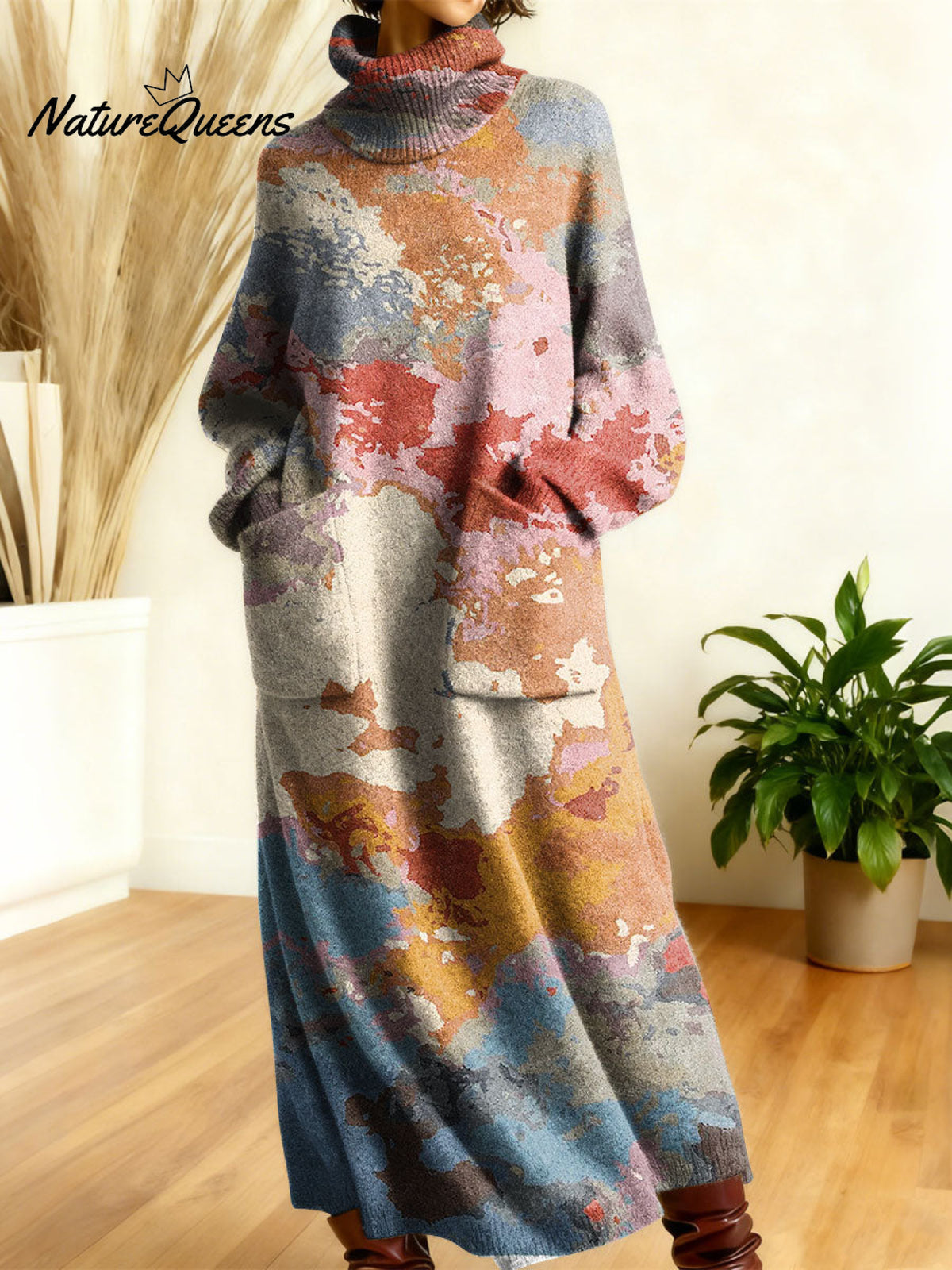 Women's Retro Geometric Patchwork High-neck Long-sleeve Casual Loose Knit Dress