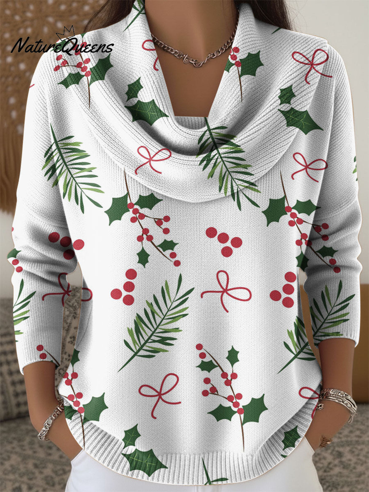 Christmas Plant Decoration Patterns Women's Casual Swing Collar Long Sleeve Sweater