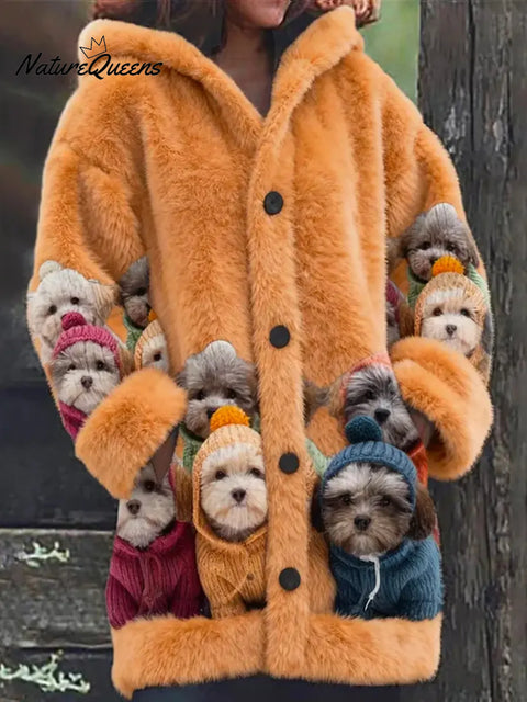 Women's Funny Dogs Pattern Art Print Casual Fleece Coat