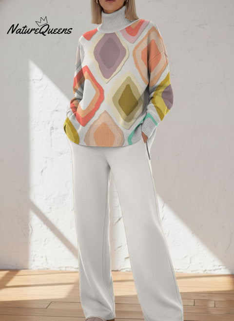 Women's Retro Pattern Art Print Casual Knitted Cotton Top Pants Suit