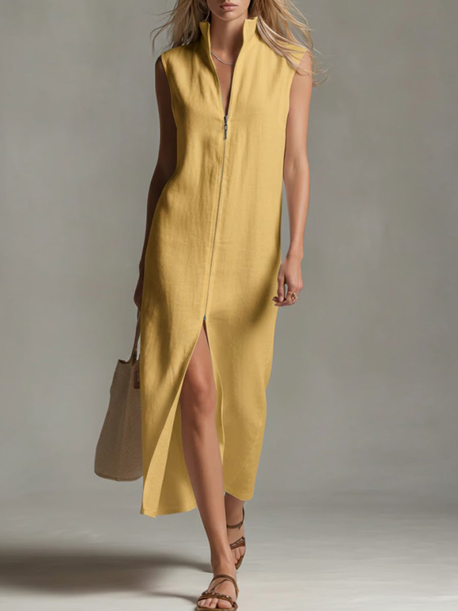 Women's Solid Color Stand-collar Sleeveless Casual Loose Linen Dress