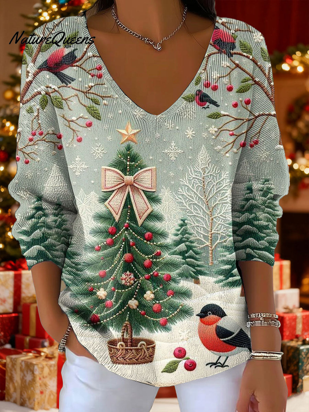 Women's Christmas Tree Snow Bird Art Pattern Art Print V-neck Solid Color Loose Shiny Sweater