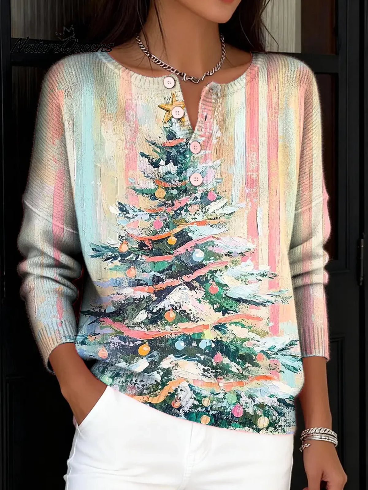 Women's VintageChristmas Pattern Art Print Buttoned Cardigan Sweater