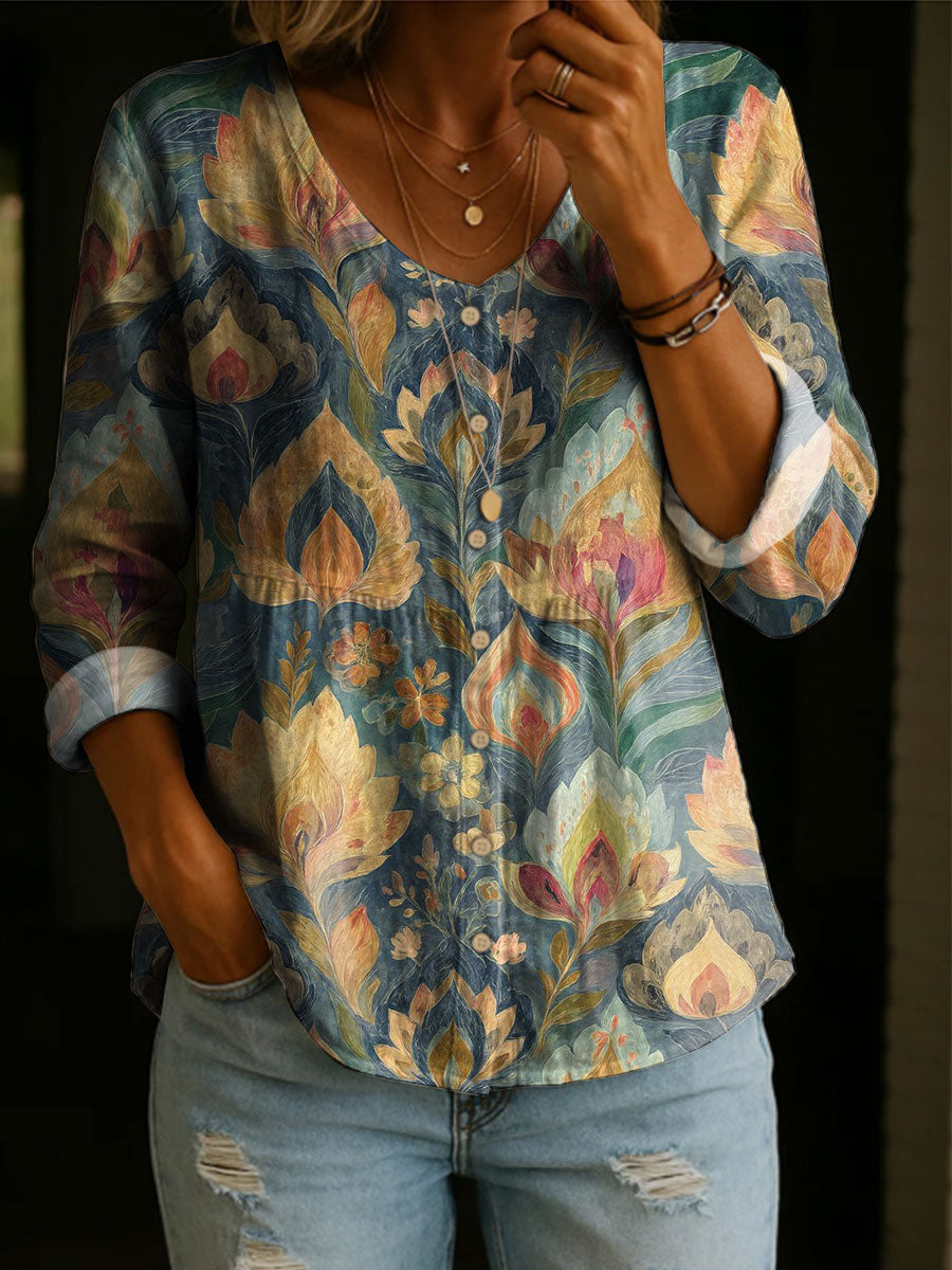 Women's Floral Pattern Art Print Casual Cotton Shirt