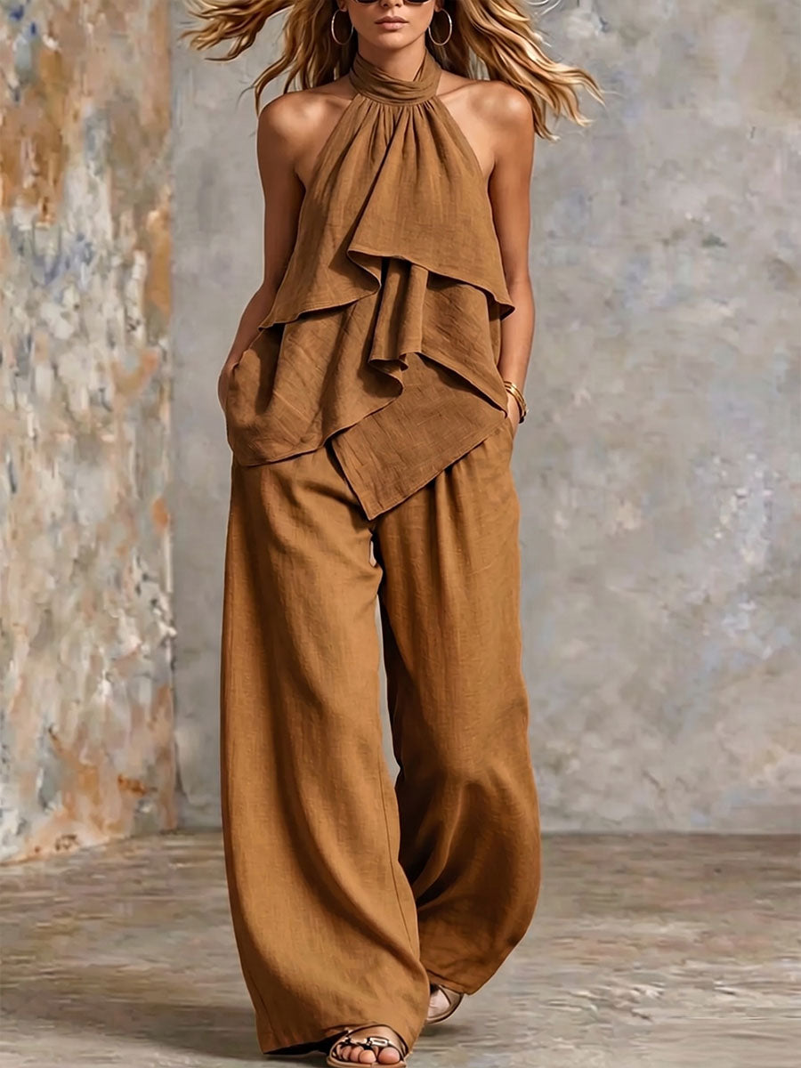 Women's Solid-color Halter-neck Sleeveless Casual Loose Cotton-linen Top And High-waisted Wide-leg Pants Set