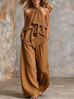 Women's Solid-color Halter-neck Sleeveless Casual Loose Cotton-linen Top And High-waisted Wide-leg Pants Set