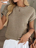Women's Round Neck Pullover Two-tone Knit Short-sleeved Top