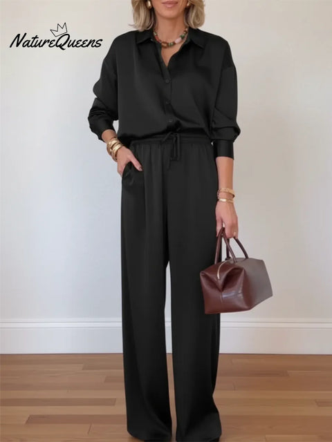 Elegant Evening Party Satin Shirt And Trousers Two-piece Set