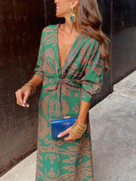 Women's Retro Floral Art Casual V Neck Long Sleeve Stylish Dress