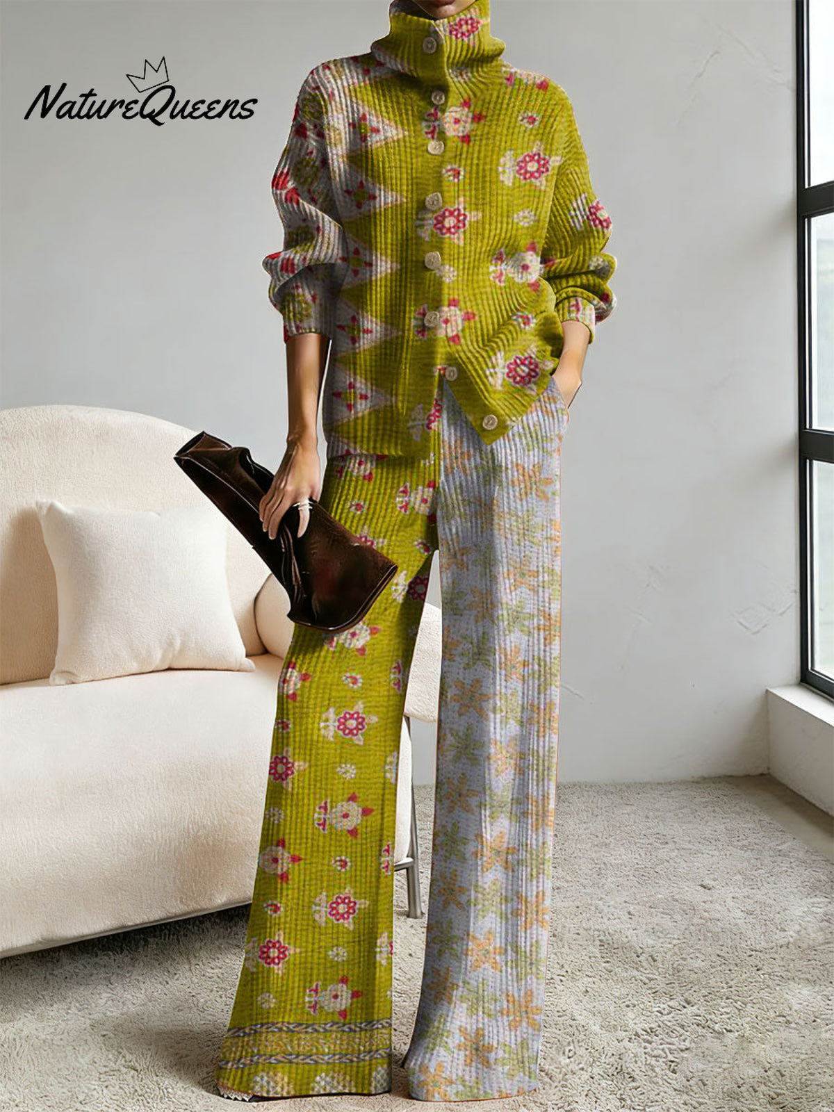 Women's Retro Abstract Geometric Colorful Splicing Patterns Art Print Casual Cotton Knitted Suits