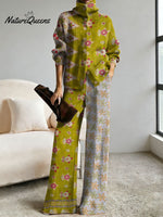 Women's Retro Abstract Geometric Colorful Splicing Patterns Art Print Casual Cotton Knitted Suits