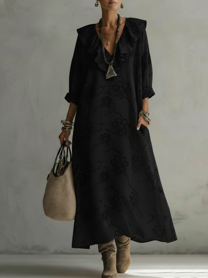 Elegant Ruffled Collar Floral Embroidery Dress