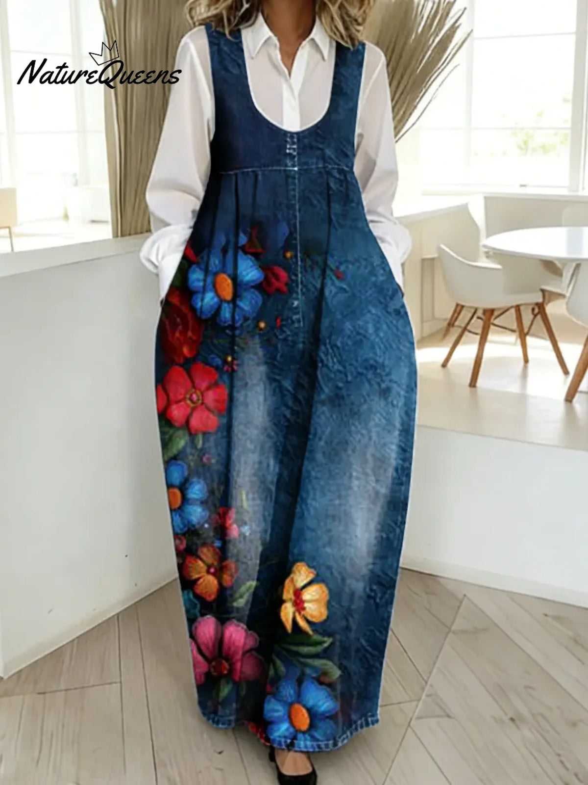 Women's Vintage Flower Pattern Art Print Casual Cotton Denim Dress