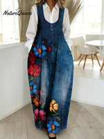 Women's Vintage Flower Pattern Art Print Casual Cotton Denim Dress