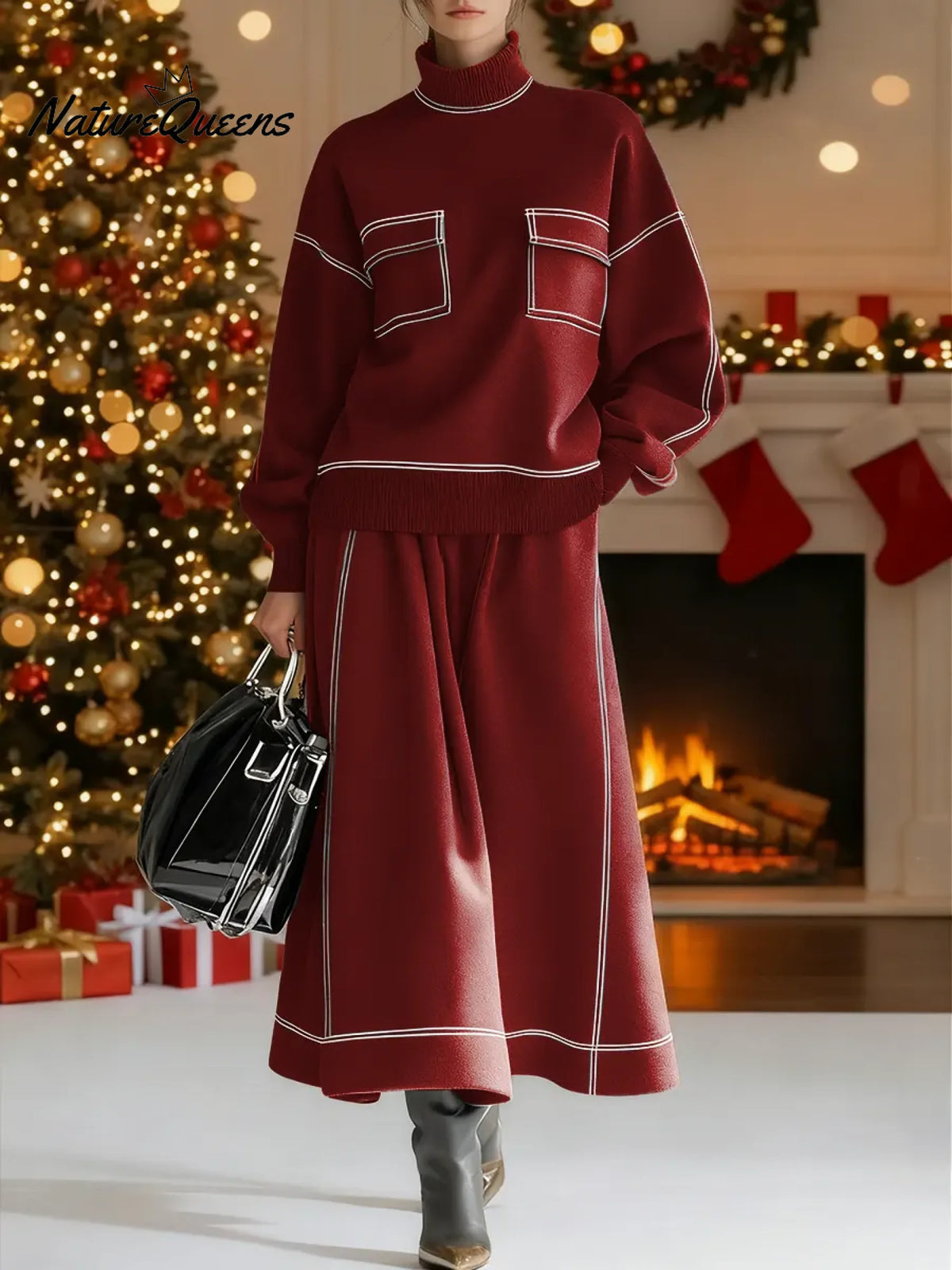 Women's Solid Color High-neck Long-sleeve Casual Pocket Loose Top And High-waisted A-line Skirt Set