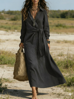 Casual Loose-fitting Tie-up Detail Denim Dress