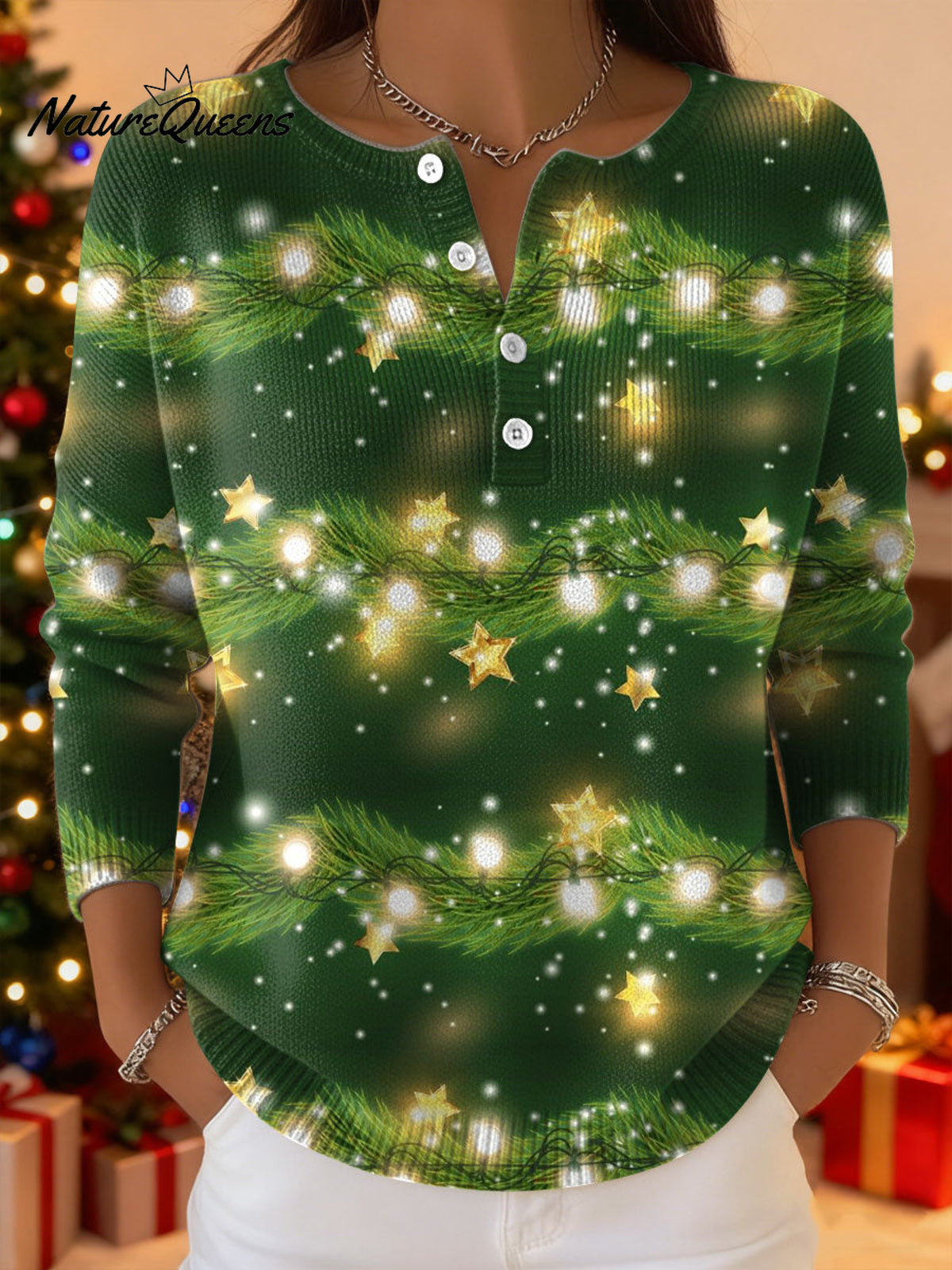 Women's Christmas Pattern Art Print Buttoned Cardigan Sweater