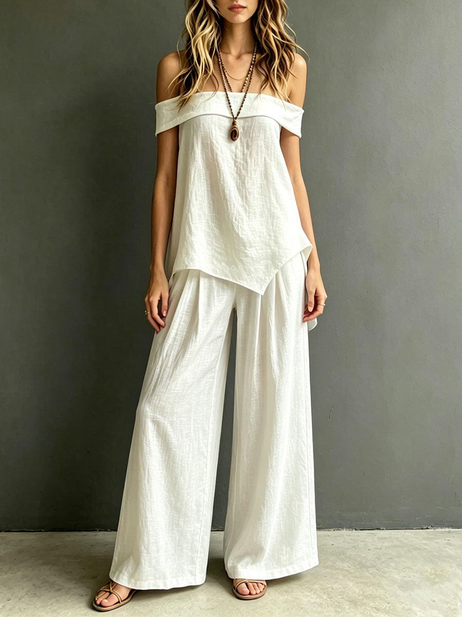 Women's Vintage Cotton-linen Off-shoulder Sleeveless Top And Trousers Set