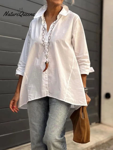 Women's Solid Color Collared Long-Sleeved Casual Cotton Linen Loose Shirt