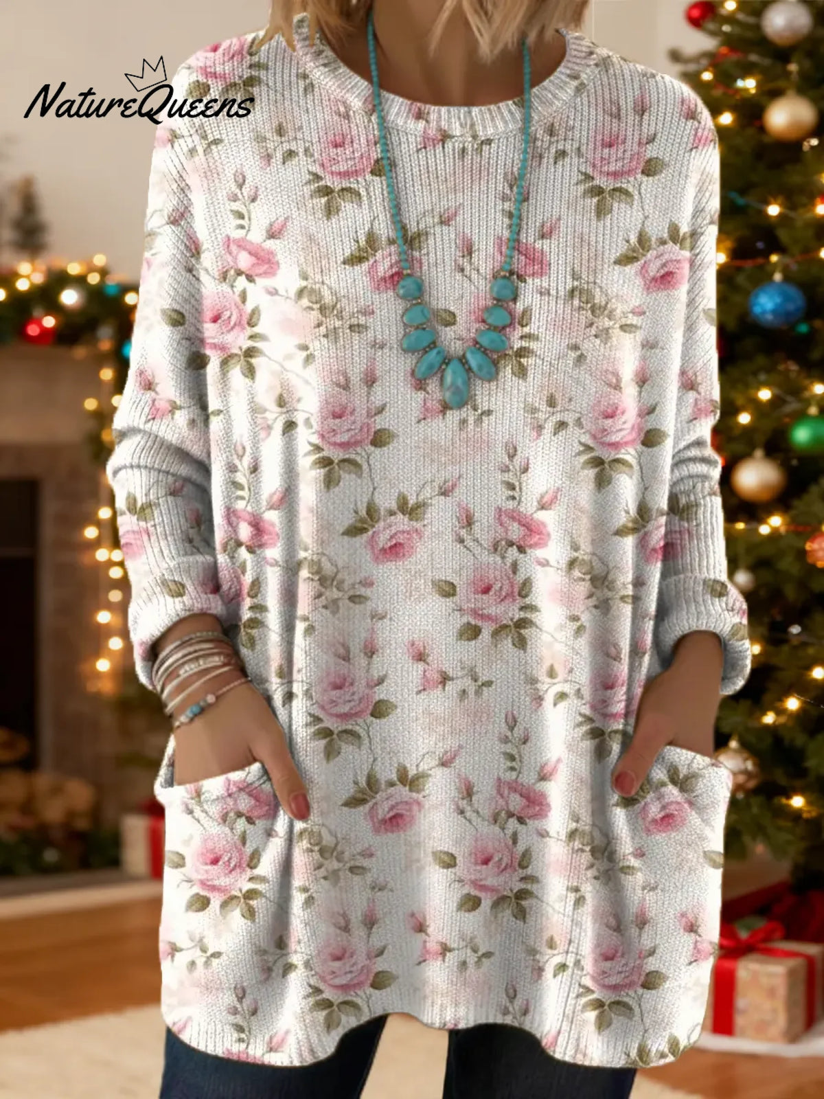 Women's Floral Pattern Art Print Casual Cotton Knitted Sweater