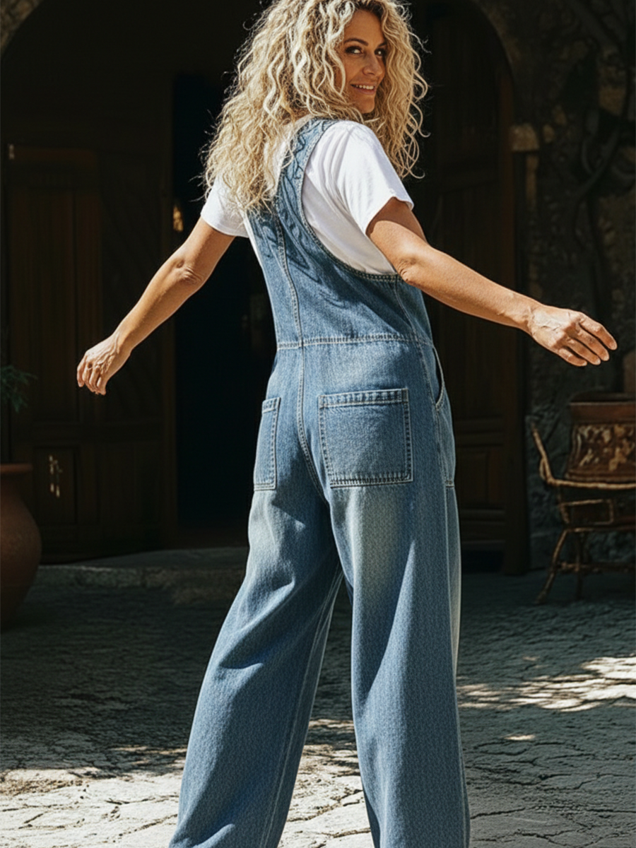 Casual V-neck Button-up Denim Jumpsuit Overalls