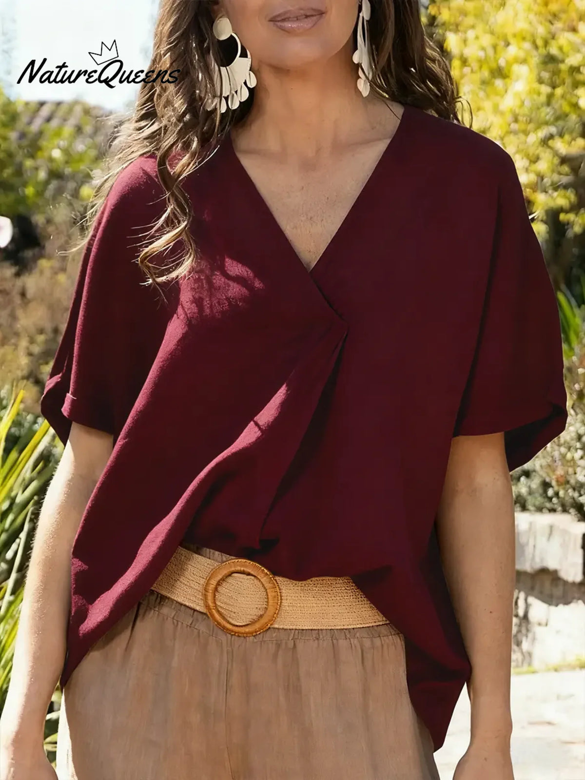 Women's Solid Color V-neck Short-sleeved Casual Loose Cotton And Linen Top