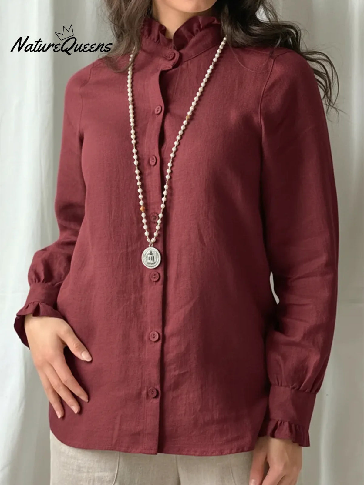 Vintage Lace-trimmed Stand-collar Linen Shirt