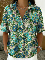 Women's Vintage Botanical Floral Casual Polo Collar Short-sleeved Linen And Cotton Shirt