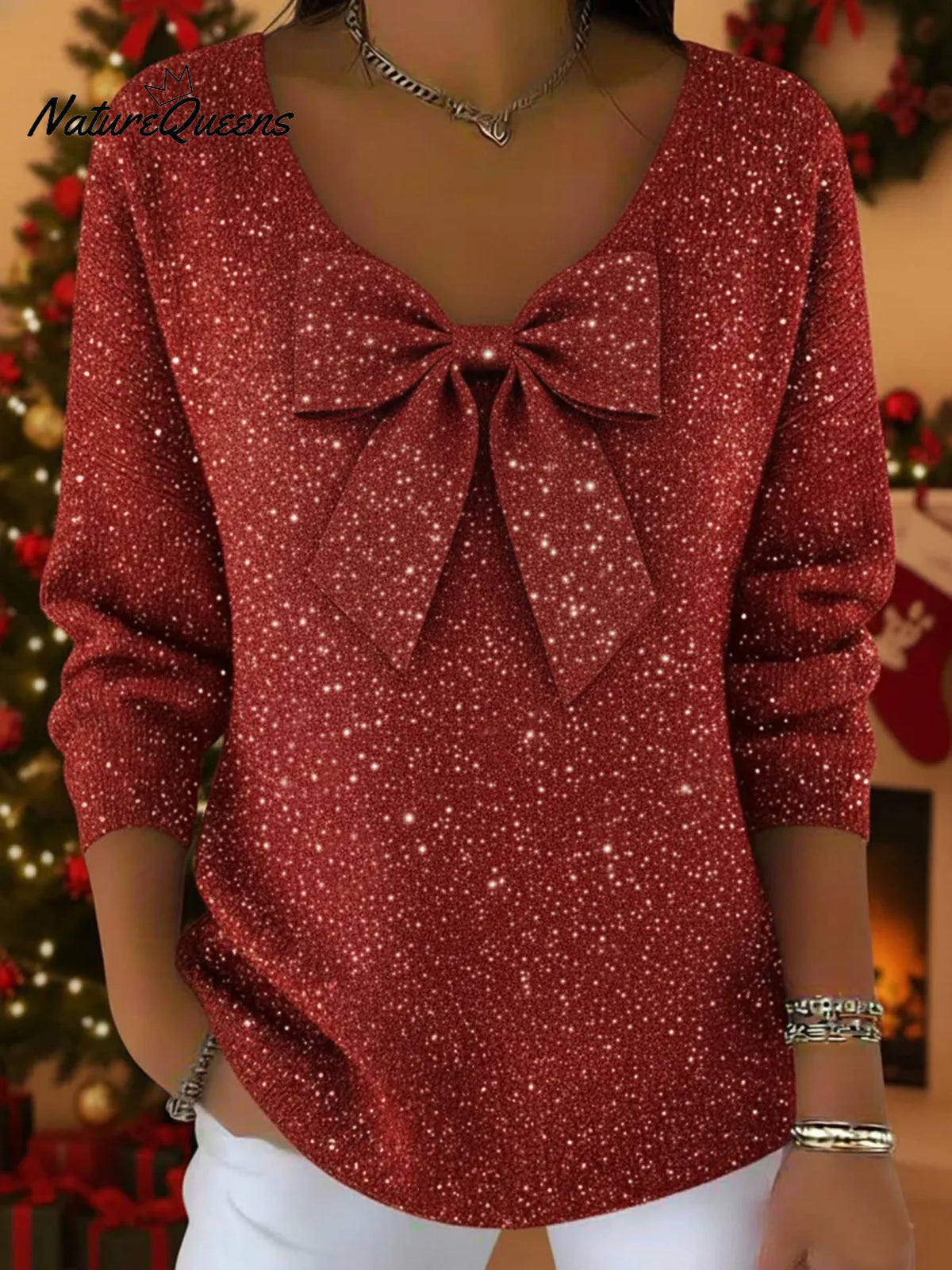 Christmas Sparkly V-neck Bow Sweater