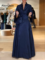 Women's Solid Color V-neck Long-sleeved Casual Loose A-line Cotton Dress